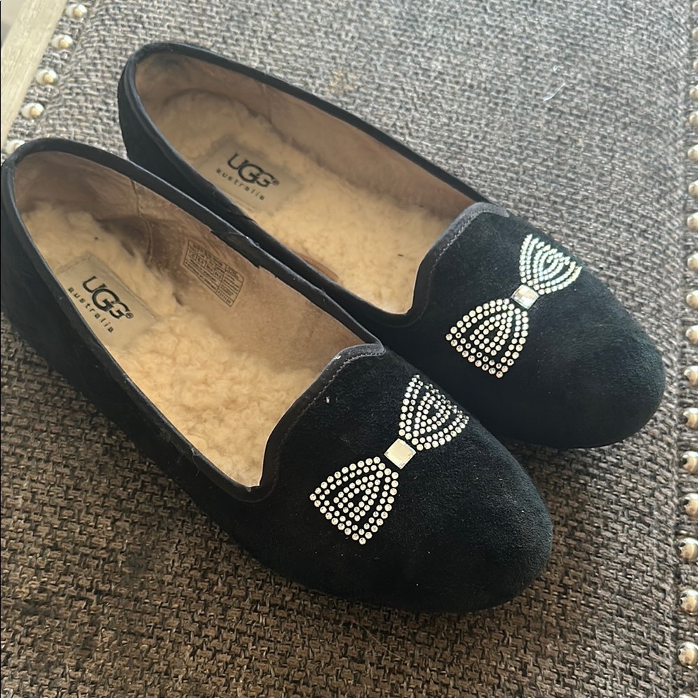 UGG Women's Black Suede Loafers with Bow Detail